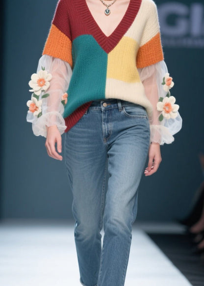Colorblock Tulle Patchwork Knit Sweater Fall