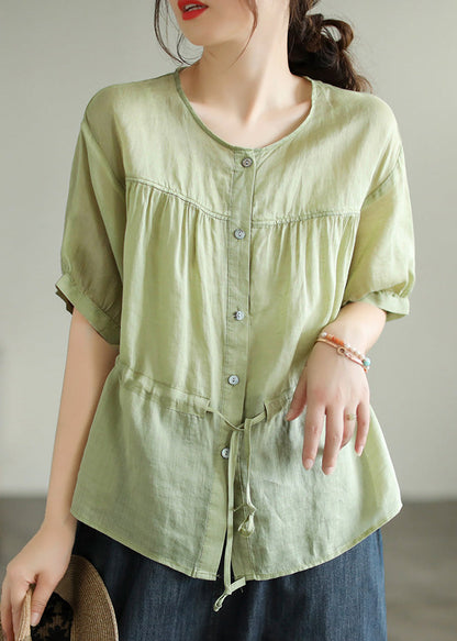 Green O-neck Patchwork Wrinkled Tie Waist Ramie Shirt Short Sleeve