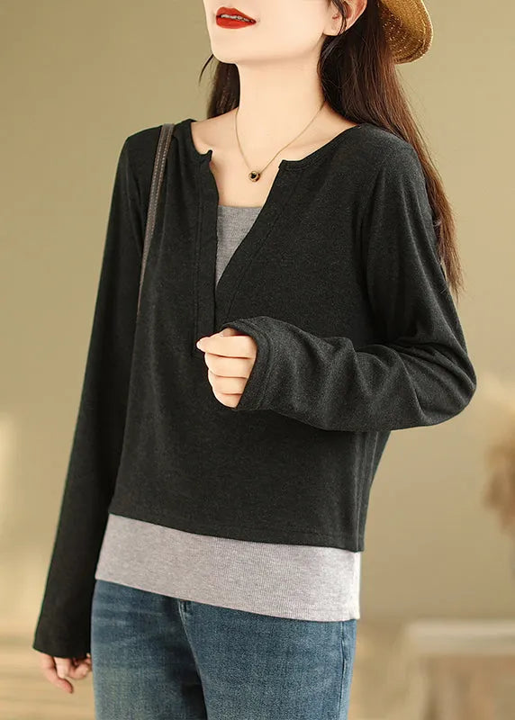 Black Patchwork Versatile Cotton T Shirts V Neck False Two Pieces Fall
