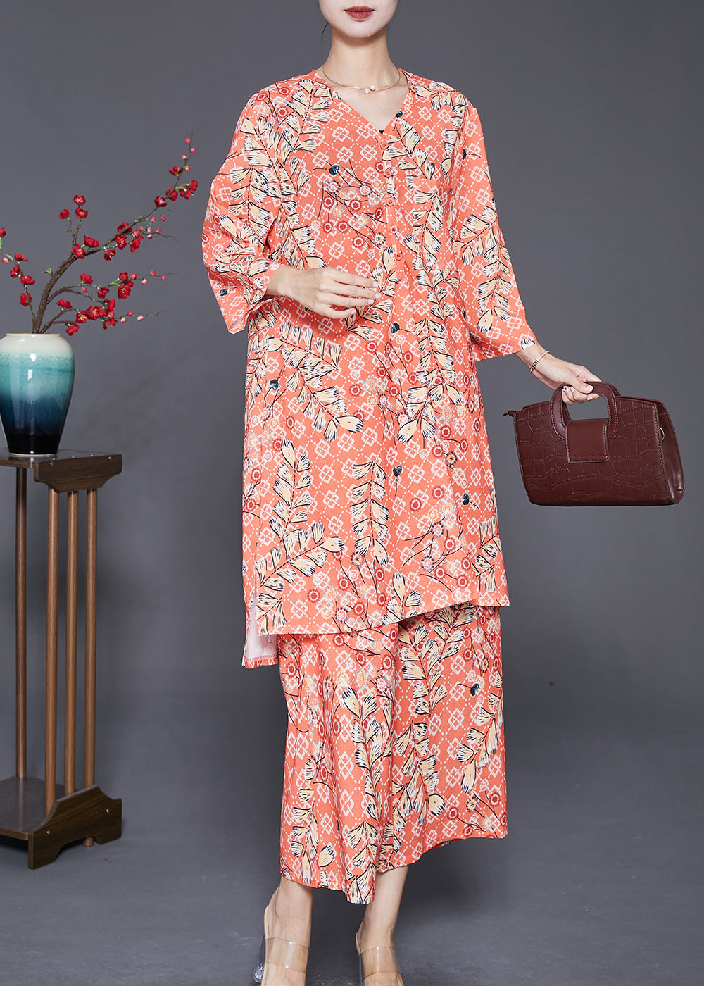 Orange V Neck Pring Cotton Two Piece Suit Set Fall