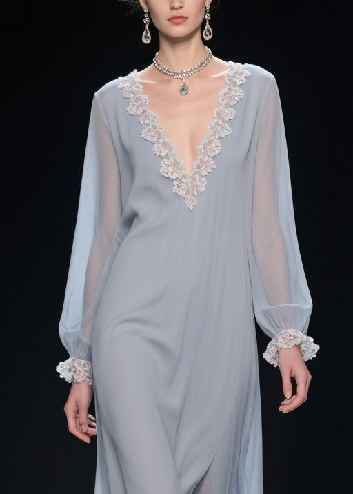 Grey Lace Chiffon Long Dress V Neck Butterfly Sleeve