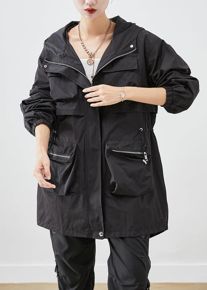 Black Oversized Patchwork Pockets Spandex Coat Fall