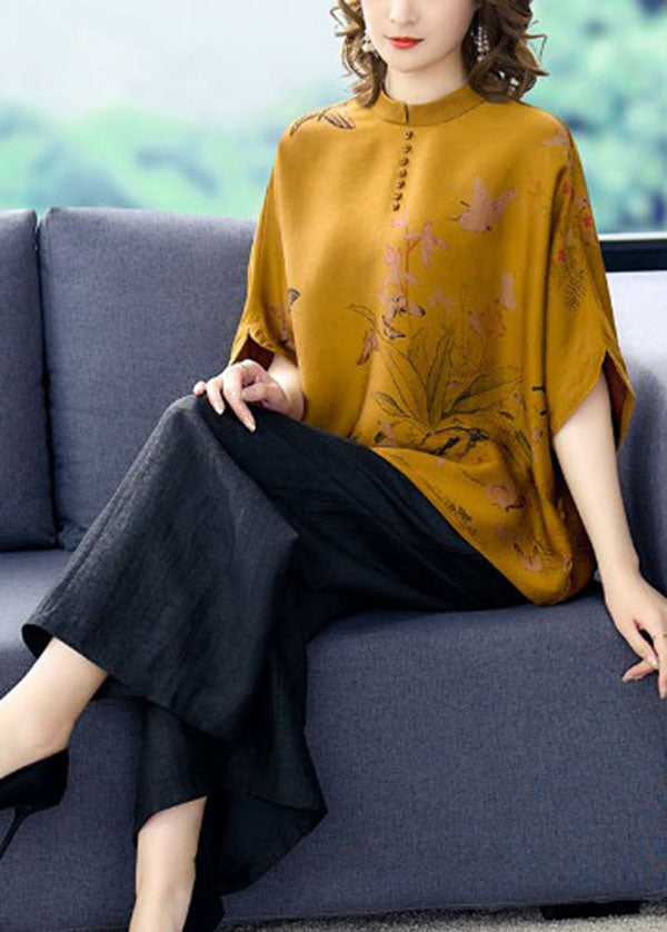 Loose Yellow Stand Collar Print Silk Two Piece Set Clothing Batwing Sleeve