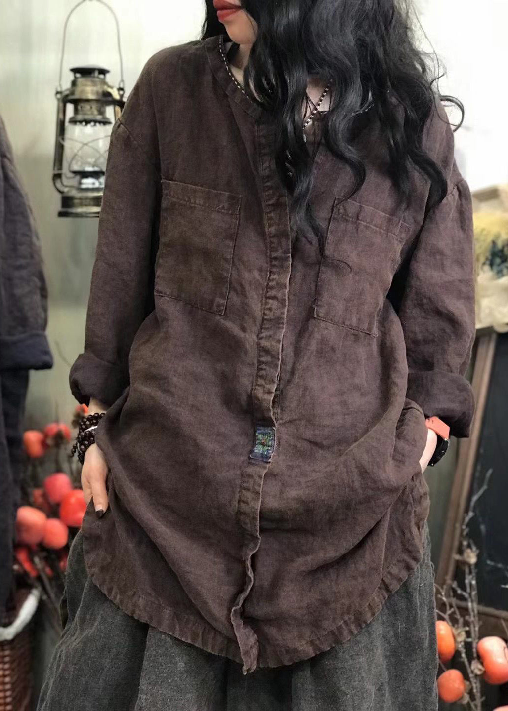 Black O-neck Pocket Patchwork Low High Design Linen Shirts Long Sleeve