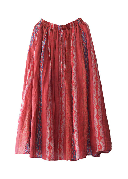 Red Elastic Waist Pocket Print Linen Beach Skirt Spring