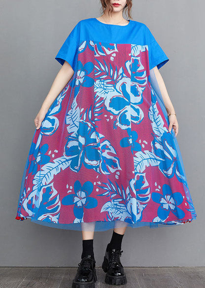 Handmade Blue O-neck Tulle Patchwork Print Cotton a Line Dress Short Sleeve