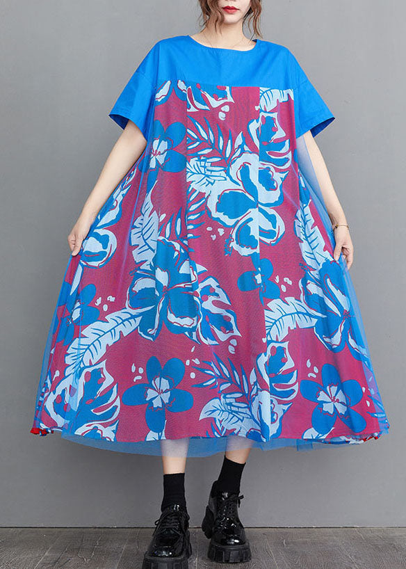 Handmade Blue O-neck Tulle Patchwork Print Cotton a Line Dress Short Sleeve