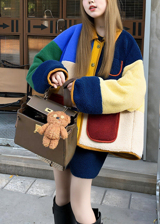 Multicolored Oversized Patchwork Fuzzy Fur Fluffy Jacket Winter