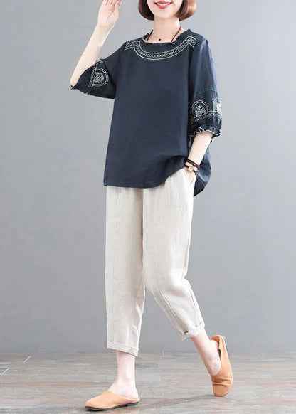 Loose Navy O-neck Top and Corp Pants Two-piece Set Summer