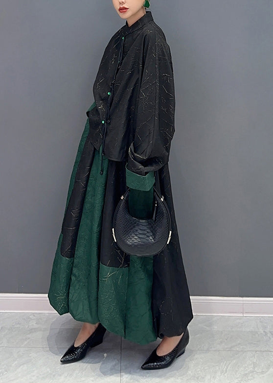 Black Green Stand Collar Tasseled Patchwork Cotton Two Piece Set Fall