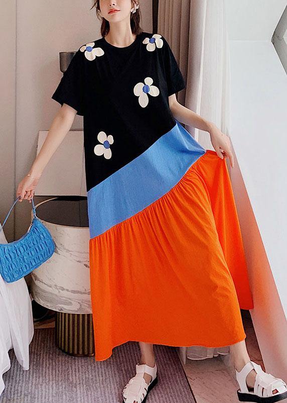 Simple Black Patchwork Print Summer Holiday Dress Short Sleeve