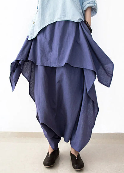Diy Blue Asymmetrical Design Pockets Linen Pants Skirt Fall