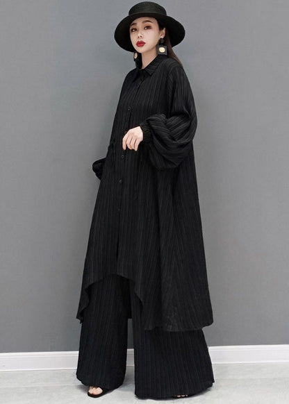 Style Black Drawstring Asymmetrical Cotton Long Shirt and Wide Leg Pants Two Pieces Set Spring