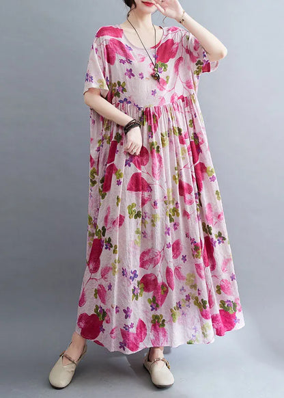 Rose O-neck Print Wrinkled Maxi Dresses Short Sleeve