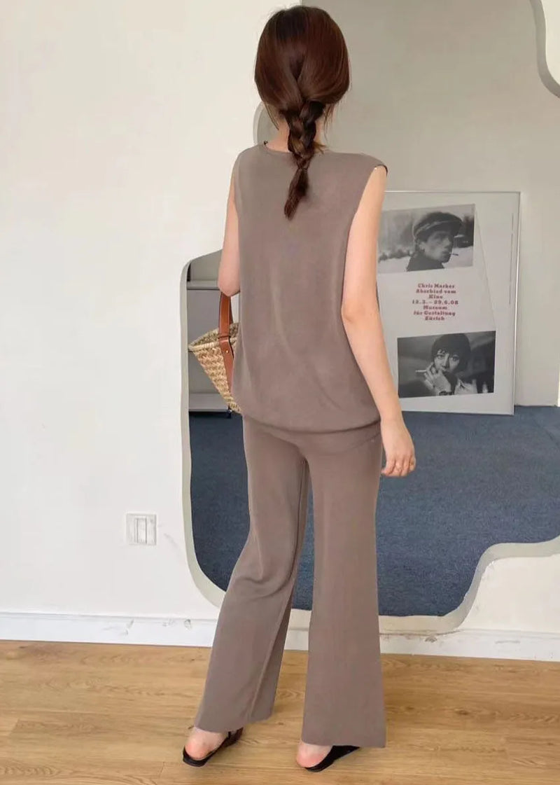 Stylish Coffee V Neck Tops and Pants Knit Two Piece Set Summer