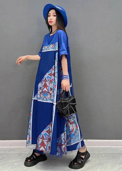 Blue O-neck Print Tulle Patchwork Dresses Short Sleeve