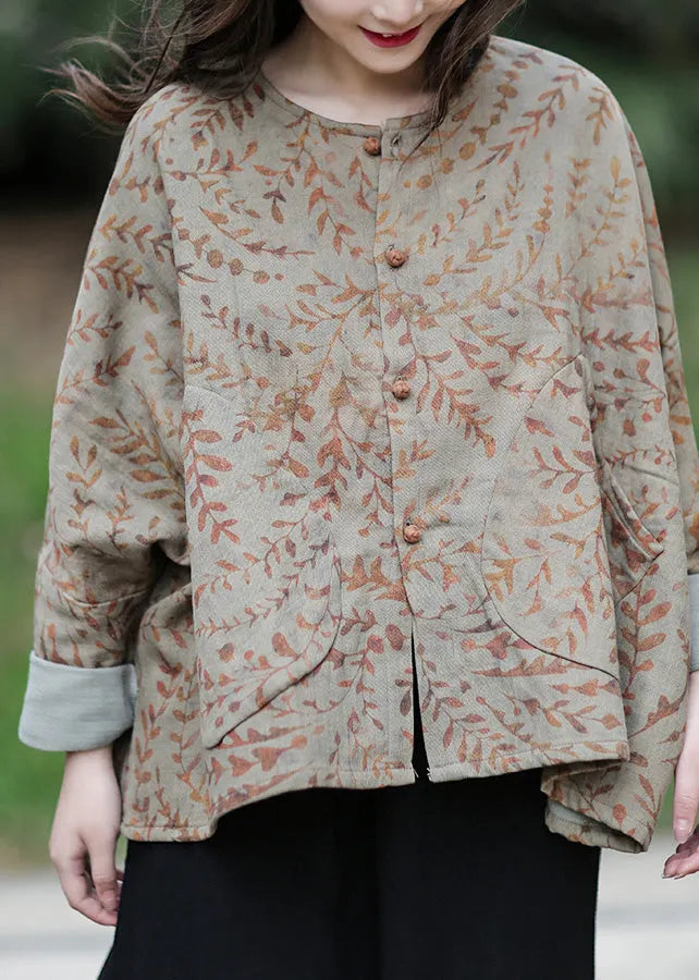 Grey Green O-neck Button Cotton Coats Spring