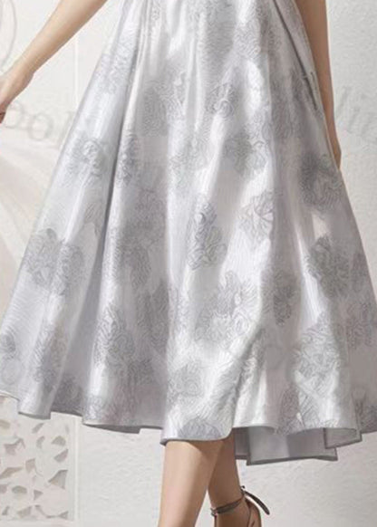 Novelty Silver Stand Collar Ruffled Patchwork Silk Vacation Maxi Dresses Short Sleeve