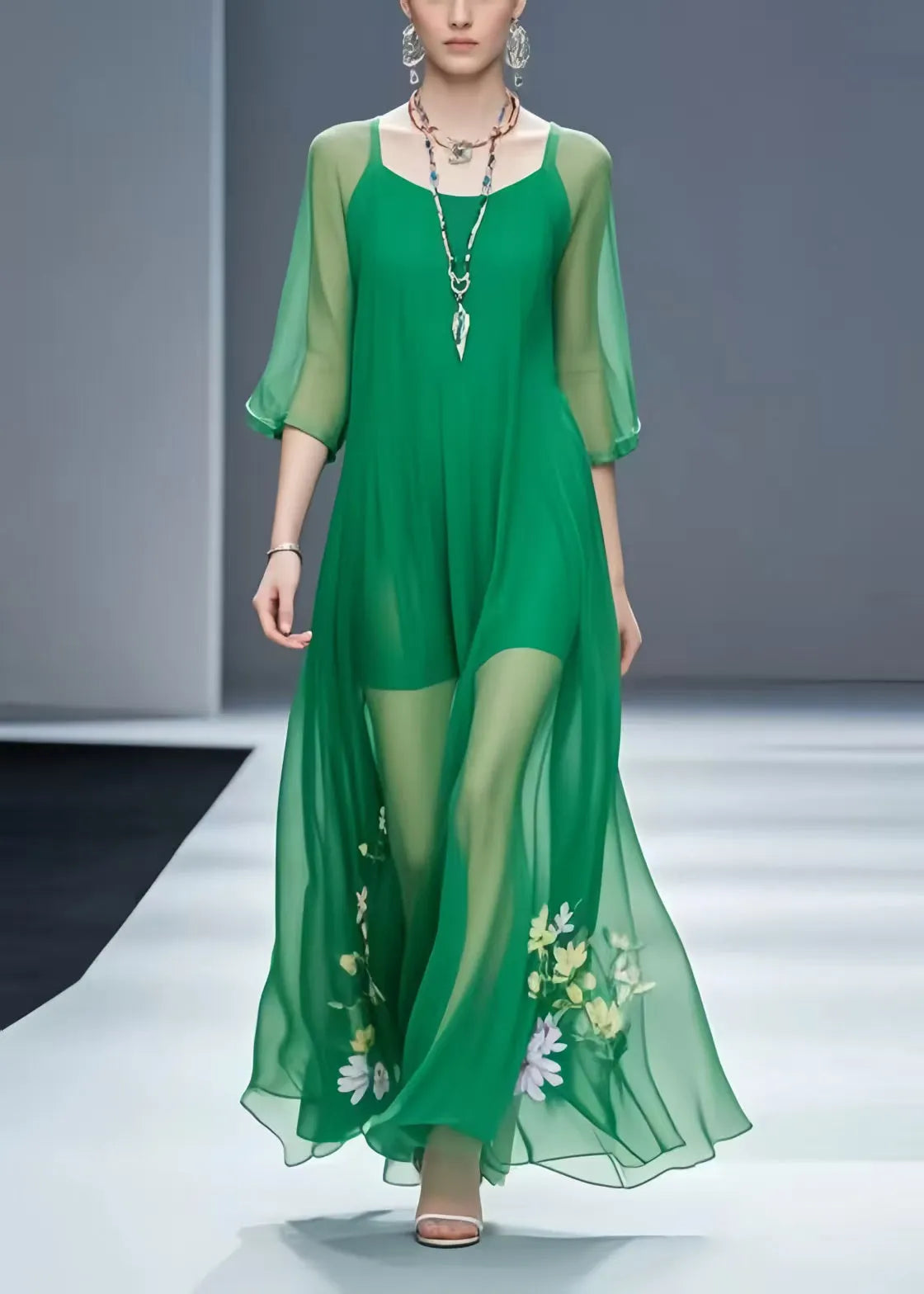Italian Green Chiffon Vacation Dresses Bracelet Sleeve