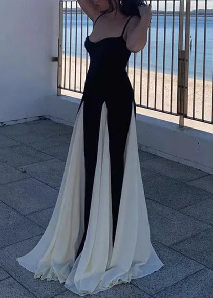 Black Backless High Waist Patchwork Chiffon Spaghetti Strap Dress Sleeveless