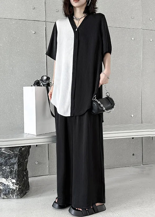 Black V Neck Asymmetrical Patchwork Cotton Two-piece Set Summer
