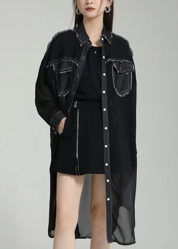 Unique Black Peter Pan Collar Pockets Patchwork Chiffon Upf 50+ Coats Summer