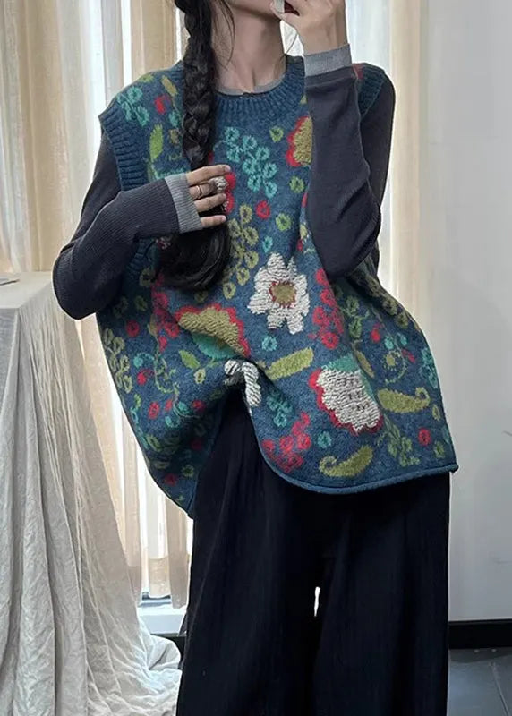 Natural Blue O Neck Print Cotton Knit Vest Sleeveless
