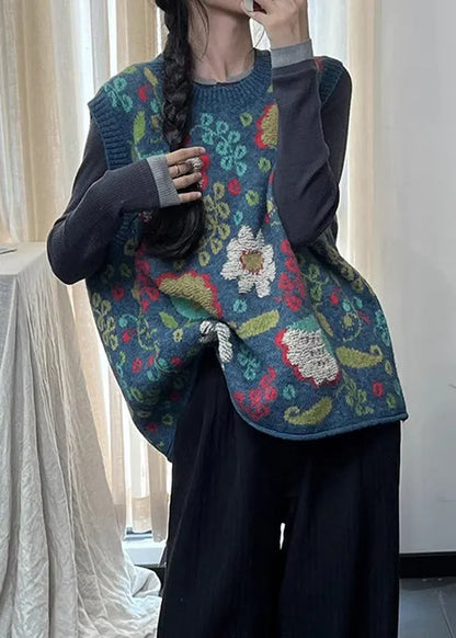 Natural Blue O Neck Print Cotton Knit Vest Sleeveless