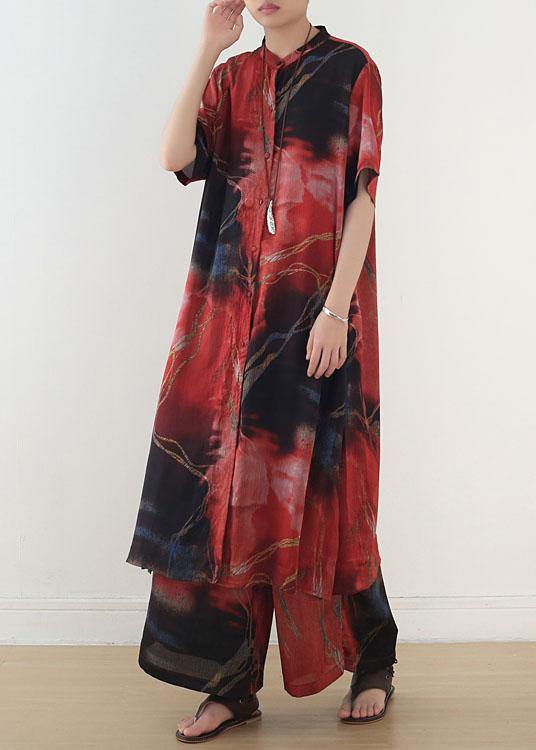 Classy Red Print Chiffon Short Sleeve Top Pant Two Pieces Set