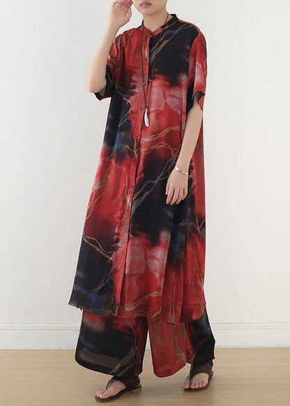 Classy Red Print Chiffon Short Sleeve Top Pant Two Pieces Set
