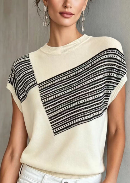 White O Neck Print Thin Knit Blouse Tops Summer