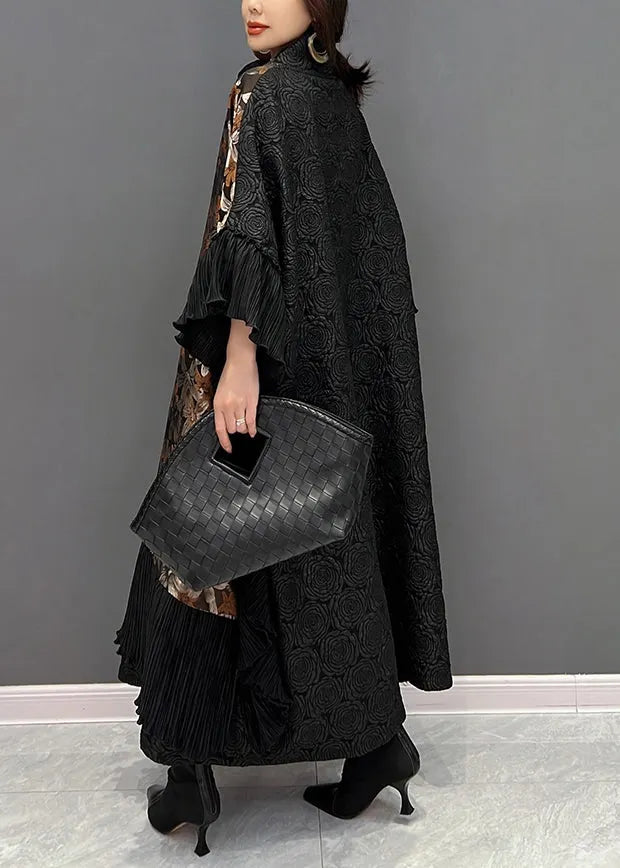 Vogue Black O-neck Ruffles Print Long Dresses Batwing Sleeve