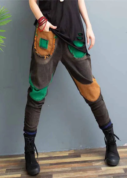 New Elastic Waist Patchwork Warm Fleece Denim Pants Spring