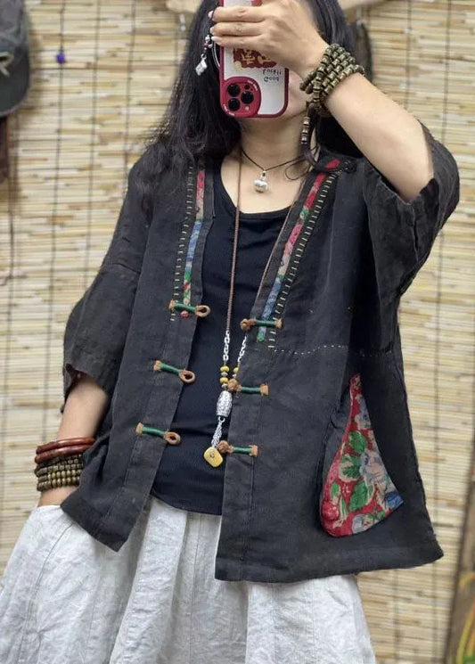 Black V Neck Pockets Chinese Button Patchwork Linen Coats Summer