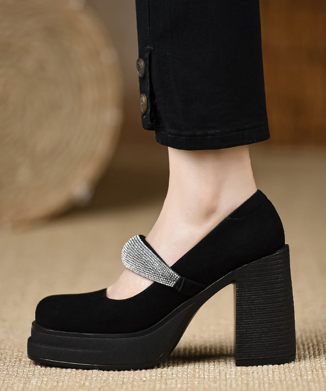 European and American Style Suede High Heels Splicing Zircon Buckle Strap