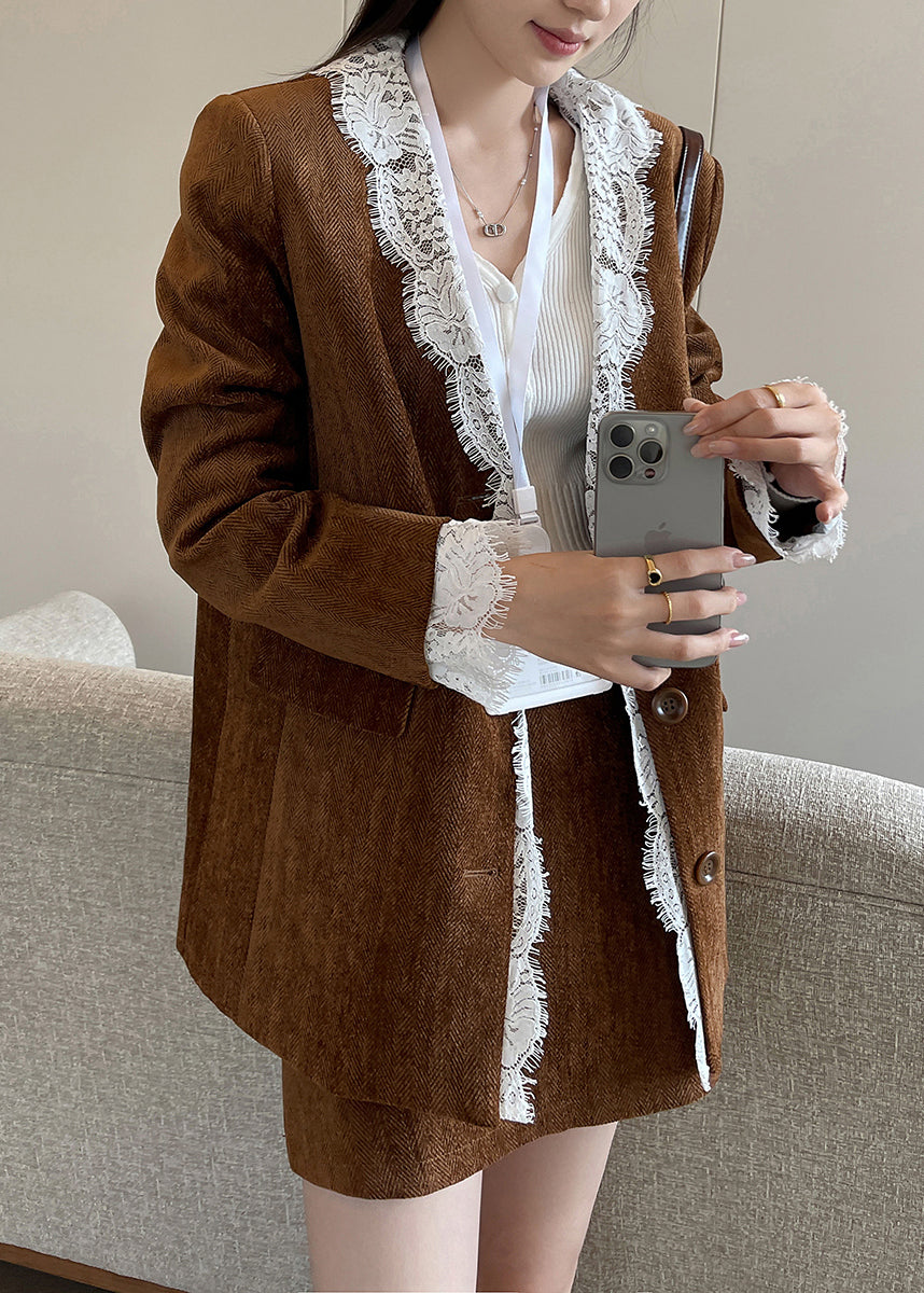 Brown Button Lace Patchwork Silk Velvet Coats Fall