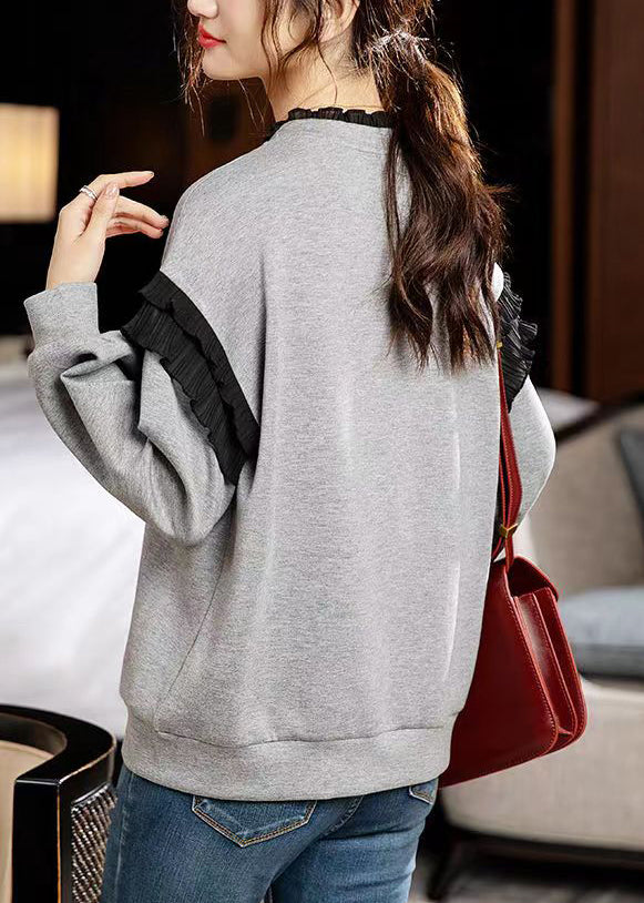 Grey Ruffled Print Patchwork Cotton Sweatshirts Long Sleeve