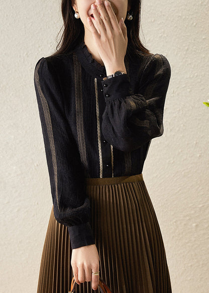 Black Stand Collar Striped Patchwork Chiffon Shirts Long Sleeve