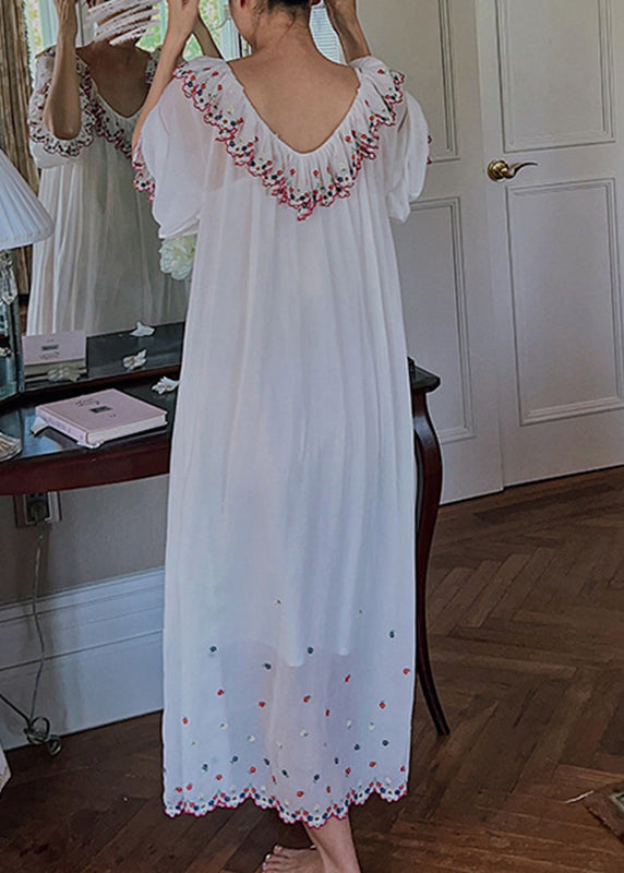 French White V Neck Embroidered Maxi Dresses Long Sleeve