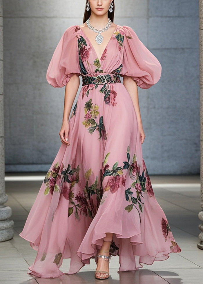 Pink Print Silm Fit Chiffon Vacation Dresses Exra Large Hem Puff Sleeve Summer