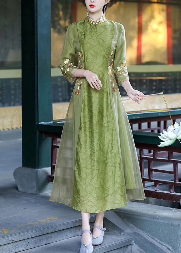 Green Stand Collar Embroideried Button Tulle Silk Dress Long Sleeve
