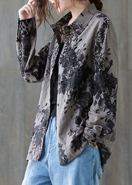 Unique Grey Peter Pan Collar Button Print Fall Blouses Long Sleeve