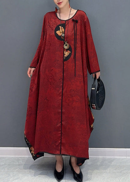 Chinese Style Red O-neck Patchwork Holiday Silk Long Dress Long Sleeve