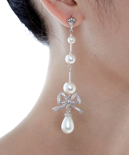 Pearl Bow Silver Long Drop Earrings Earrings