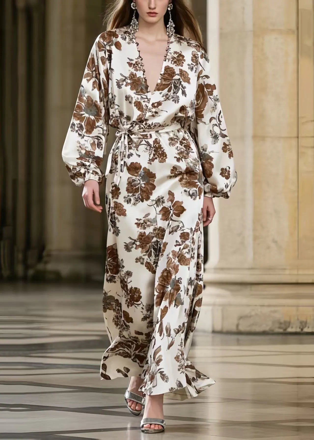 Brown Print Draping Silk Vacation Dresses Tie Waist Spring