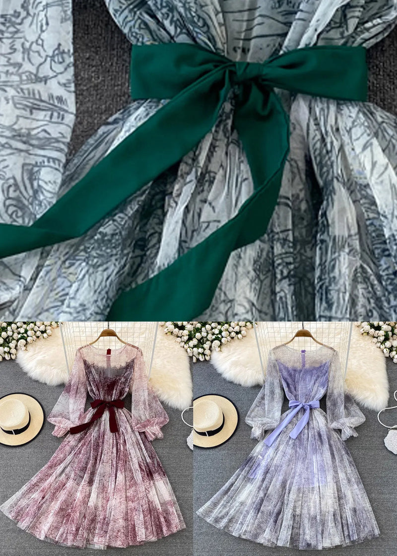 Green O-neck Slim Tulle Long Dress Puff Sleeve