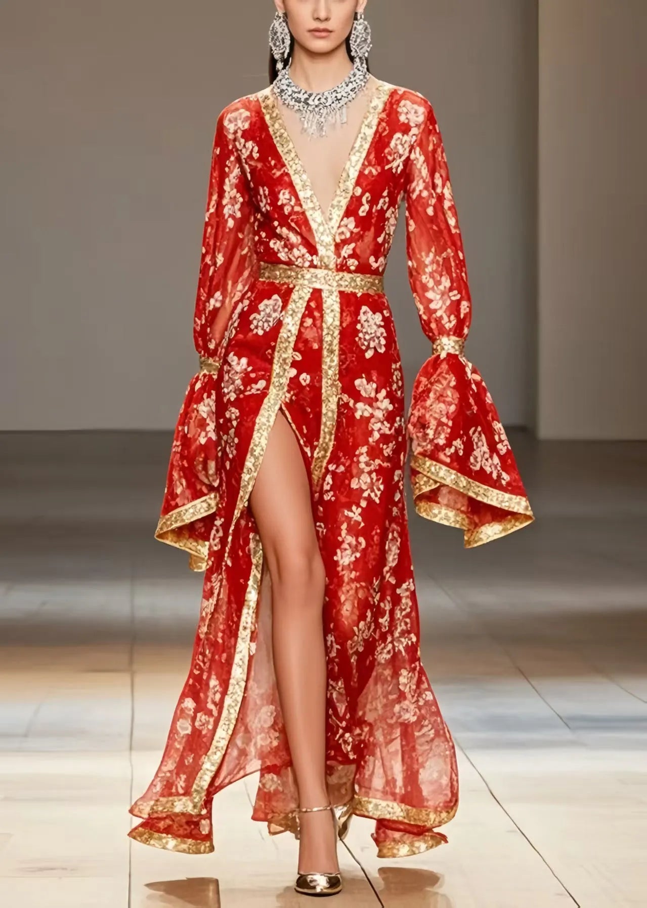 New Retro Red Print Side Open Chiffon Wedding Dress Flare Sleeve