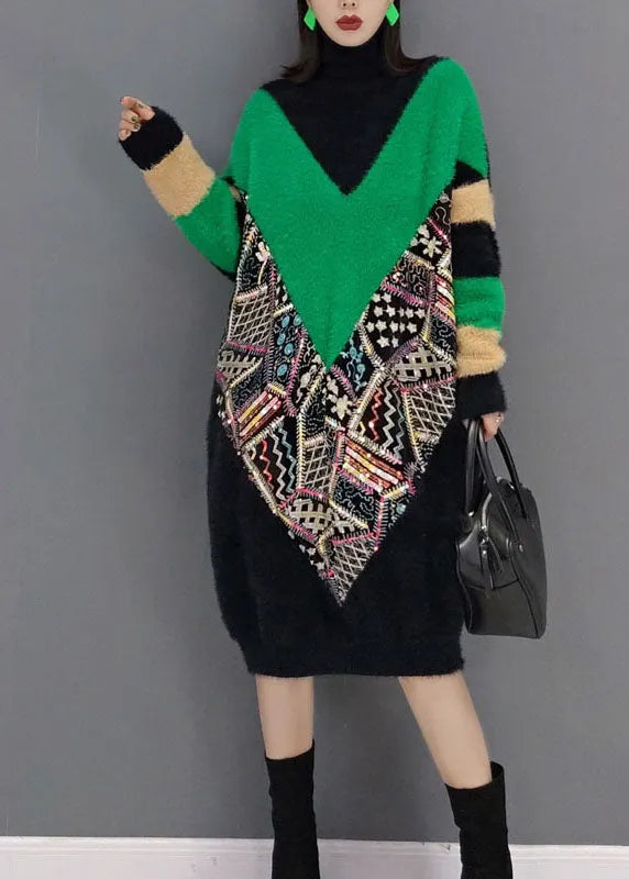 Classy Black Turtle Neck Print Thick Mink Velvet Dresses Spring