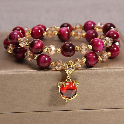 Buddha Stones Tiger Eye Pixiu Fox Money Bag Protection Self Confidence Double Wrap Bracelet