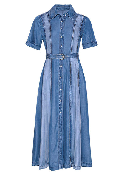 Blue Peter Pan Collar Patchwork Sashes Silk Denim Long Dress Short Sleeve